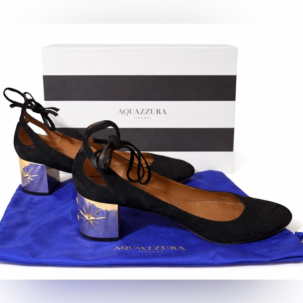 Aquazzura Black Suede Ankle-Tie Block Heels with Gold Embellished Heel - Picture 2 of 13